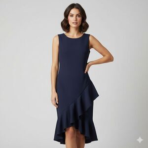 NWT Enfocus Studio Sleeveless Navy Blue Midi Sheath Dress Ruffle Hem Size S/6